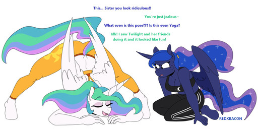 anthro anthrofied asking asking_another asking_what ass_up bottomwear breasts cleavage clothed clothing color_coded color_coded_text describing_another dialogue duo ethereal_hair eyes_closed feathered_wings feathers female hair horn jack-o'_pose name_drop name_in_dialogue pants ponytail pose question simple_background talking_to_another text unicorn_horn white_background wings yes-no_question yoga_pants redxbacon friendship_is_magic hasbro my_little_pony mythology princess_celestia_(mlp) princess_luna_(mlp) equid equine mammal mythological_creature mythological_equine winged_unicorn 2021 english_text hi_res meme