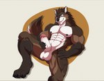 anthro balls barazoku blue_eyes brown_body brown_fur erection fangs fur genitals male manly masturbation muscular muscular_anthro muscular_male nipples nude pawpads paws pecs penis solo teeth fuzzylynx ark_(arkwolf26) canid canine canis mammal wolf absurd_res hi_res