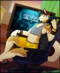 anthro biped black_hair blue_eyes bottomwear bracelet brown_body brown_fur chair clothed clothing crop_top electronics fur furniture gaming hair headgear headphones headset jewelry looking_at_viewer male navel shirt shorts sitting smile solo tan_body tan_fur tank_top television topwear otterbits 2k_games bioshock caleb_(caitocore) canid canine canis domestic_dog husky mammal nordic_sled_dog spitz 2015 digital_media_(artwork) hi_res shaded