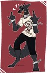 anthro cuff_(restraint) eye_patch eyewear gesture hand_gesture handcuffs male metal_cuffs middle_finger open_mouth restraints shadow solo belplasmawolf shadow_von_wolfkin canid canine canis mammal wolf hi_res