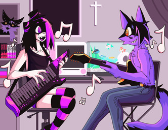 anthro clothing duo electric_guitar female fur guitar hat headgear headwear keyboard_instrument keytar legwear male male/female musical_instrument plucked_string_instrument plushie purple_body purple_fur stockings string_instrument tail ponporio girl_d lord_kaio humanoid absurd_res hi_res