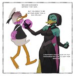 anthro asphyxiation biped black_hair border breasts choking clothed clothing dialogue duo eyelashes female fur green_body hair magic male nipple_outline non-mammal_breasts text white_body white_border white_fur matchattea disney ducktales ducktales_(2017) donald_duck magica_de_spell anatid anseriform avian bird duck english_text