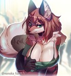 anthro big_breasts black_ears bottomwear bra bra_strap breasts brown_body brown_hair cleavage clothed clothing deep_cleavage dolphin_shorts eyelashes female fluffy fluffy_ears fluffy_tail fur green_eyes hair hotpants inner_ear_fluff neck_tuft pulling_shirt seductive shorts shoulderless_shirt snout solo tail tuft underwear white_body white_fur nonoka917 cecily_(cecily_lin) canid canine canis mammal wolf hi_res