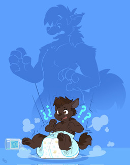 4_toes 5_fingers age_regression ambiguous_gender anthro big_diaper blue_background blush blush_lines bodily_fluids brown_body brown_ears brown_fur brown_inner_ear brown_nose brown_pawpads brown_tail claws clean_diaper clothed clothing container diaper diaper_only diaper_puff drooling feet finger_claws fingers fur glass_jar jar logo motion_lines open_mouth pawpads question_mark saliva silhouette simple_background sitting sitting_on_diaper snaggle_tooth solo tail text three-quarter_view toes topless transformation wearing_diaper whisker_spots young bubblepuppers mythology villa_(cryo-lithius) canid canine mammal mythological_canine mythological_creature werecanid werecanine werecreature werewolf artist_logo english_text full-length_portrait hi_res portrait