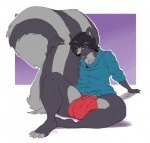 anthro black_hair bulge claws clothing fluffy fluffy_tail fur grey_body grey_fur hair looking_at_viewer male markings red_eyes solo striped_markings striped_tail stripes tail tail_markings boosterpang louis_(grendelrat) mammal mephitid skunk 2013 male_(lore)