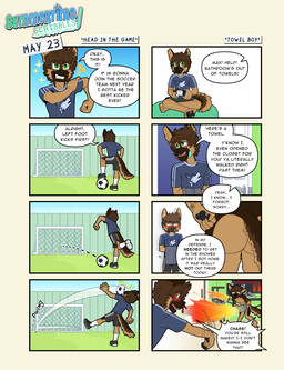 active_wear adolescent anime_nosebleed anthro aroused athletic athletic_wear ball bandage bandage_on_face blood blush blush_lines bodily_fluids bottomwear bulge butt butt_focus clothed clothed_anthro clothed_male clothing dialogue dipstick_snout emanata erection erection_under_shorts eyebrow_through_hair eyebrows eyewear featureless_chest fully_clothed fully_clothed_anthro fully_clothed_male gaming glasses green_eyes gym_bottomwear gym_shorts hair heart_symbol humor looking_at_another's_crotch male male_anthro male_focus muscular muscular_young nosebleed nude nude_anthro nude_male playing_video_game red_blush sharp_teeth shirt shorts sibling_incest snowflake_pattern soccer soccer_ball soccer_goal soccer_net sound_effects speech_bubble sport t-shirt tears teeth text toothy_grin topwear translucent translucent_hair young young_male frostedchase chase_(frostedchase) max_(frostedchase) canid canine canis domestic_dog german_shepherd herding_dog mammal pastoral_dog comic english_text hi_res brother_(lore) brothers_(lore) sibling_(lore)