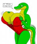 anthro big_breasts breast_expansion breasts clothing dress expansion female huge_breasts nipple_outline non-mammal_breasts solo text tight_clothing wardrobe_malfunction day-tripper-guy the_first_funky_fighter cro_funky alligator alligatorid crocodilian reptile scalie