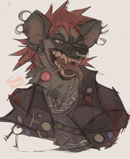 alternative_fashion anthro candy clothed clothing dessert ear_piercing ear_ring eyebrow_piercing facial_piercing fangs food front_view fur gauged_ear grey_body grey_fur hair lollipop male multiple_piercings open_mouth piercing punk red_hair ring_piercing simple_background solo teeth tongue tongue_out tongue_piercing tongue_stud white_background famir hyena mammal 2025 bust_portrait colored_sketch dated portrait signature sketch