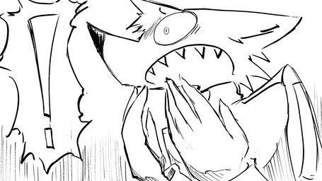 anthro cape clothing covering covering_mouth exclamation_point horrified male sharp_teeth shocked solo surprised teeth dragonweirdo kimera_(dragonweirdo) canid canine canis mammal wolf 16:9 hi_res monochrome widescreen