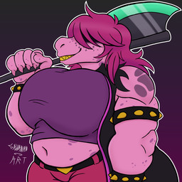 axe belly big_breasts big_butt bracelet breasts butt clothing female freckled_arms freckled_belly freckles jewelry overweight overweight_female spiked_bracelet spikes thick_thighs undersized_clothing galvanian deltarune undertale_(series) susie_(deltarune) ambiguous_species reptile scalie 1:1 hi_res