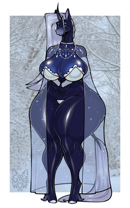 anthro areola big_breasts big_butt blue_body blue_eyes blue_hair blue_tail bra breasts butt cloak clothed clothing colored_nails eyeshadow female fur glistening glistening_body glistening_breasts gloves hair handwear hooves horn hyper jewelry lips makeup mature_female nails nipples panties solo standing tail thick_thighs underwear veil garedwolf mythology astrelia_(garedwolf) equid equine horse mammal mythological_creature mythological_equine unicorn 5:8 absurd_res hi_res