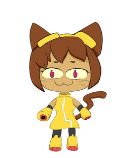 :3 anthro arm_cannon breasts brown_hair brown_tail chibi clothing eyewear eyewear_on_head female front_view fur goggles goggles_on_head hair looking_at_viewer simple_background solo standing tail tan_body tan_fur whiskers white_background yellow_clothing hebupelka gameoverse glitch_productions tsukihime type-moon kit_bodega neco-arc domestic_cat felid feline felis mammal 2026 crossover full-length_portrait hi_res portrait