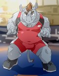 anthro biped bodily_fluids brown_hair grey_body hair horn humanoid_hands kemono male musclegut muscular solo sweat wrestling_singlet train_(artist) mammal rhinoceros 2021 hi_res