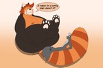 anthro big_butt butt duo fluffy fluffy_tail legs_up lying lying_on_tail male male/male nude overweight overweight_anthro overweight_male pawpads size_difference speech_bubble tail thick_tail shenzel ray_rhythmus ailurid mammal mephitid red_panda skunk hi_res