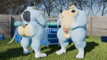 anthro balls biceps big_butt big_moobs blue_body blue_fur bubble_butt butt erection foreskin fur genitals huge_butt male moobs multicolored_body multicolored_fur musclegut muscular muscular_male nipples nude nude_anthro nude_male penis slightly_chubby solo tail thick_thighs codans bluey_(series) bandit_heeler australian_cattle_dog canid canine canis cattledog domestic_dog herding_dog mammal pastoral_dog 16:9 3d_(artwork) digital_media_(artwork) hi_res widescreen