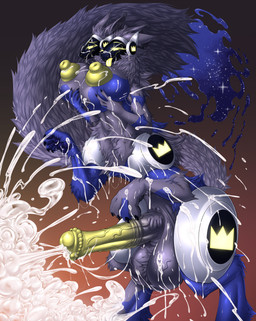 animal_genitalia animal_penis areola balls big_areola big_balls big_breasts big_nipples big_penis blue_body bodily_fluids breasts clothing cum cum_everywhere equine_genitalia equine_penis erection excessive_cum excessive_genital_fluids fur genital_fluids genitals gynomorph huge_balls huge_breasts huge_nipples huge_penis intersex machine messy nipples penis simple_background smile solo tail thick_thighs tongue tongue_out vein veiny_balls veiny_penis mirapony franz_(mister-r) goo_creature protogen protogen_taur taur absurd_res digital_media_(artwork) hi_res