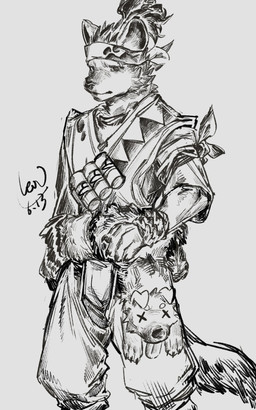 accessory animal_skin anthro bottomwear claws clothing grey_body hair headband looking_at_viewer male markings solo spots spotted_body standing tail hero_leo_o arknights hypergryph studio_montagne spot_(arknights) hyena mammal spotted_hyena 2026 5:8 hi_res monochrome painting_(artwork) traditional_media_(artwork) traditional_painting_(artwork)