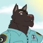 clothed clothing ear_piercing eye_patch eyewear male piercing police uniform jadehusk canid canine canis mammal wolf orion_(disambiguation) 1:1 low_res