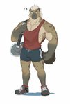 anthro athletic_wear bag bottomwear clothing fur grey_body grey_fur grey_mane grey_spots gym_bottomwear gym_shorts hair male mane markings muscular muscular_anthro muscular_male pecs plantigrade platinum_blonde shirt shorts simple_background solo spots spotted_body tail tail_tuft tan_body tan_fur tank_top topwear tuft white_background white_hair ixkouu hyena mammal spotted_hyena