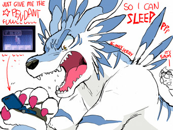 ambiguous_gender angry blue_body blue_ears blue_fur claws electronics fur game_console multicolored_body multicolored_fur pink_claws pink_tongue red_text screencap teeth text tongue two_tone_body two_tone_fur white_body white_ears white_fur dahecksajerry bandai_namco digimon earthbound_(series) nintendo canid canine digimon_(species) garurumon human mammal 4:3 english_text