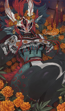 3_eyes accessory anthro black_sclera curvy_figure facial_markings feather_in_hair feathers feet_up female green_body green_skin hair hair_accessory head_markings horn horn_markings humanoid_pointy_ears jewelry loose_feather markings mexican_dress multi_eye pawpads pointy_ears red_hair solo tail tail_feathers voluptuous exobelos ixkan_(exobelos) demon scalie hi_res