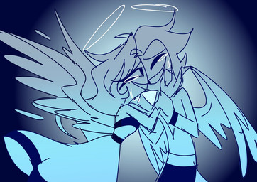 back_wings bodily_fluids crying duo eyes_closed feathered_wings feathers female hair halo hand_on_face male male/female markings mole_(marking) smile tears tears_of_joy wings emositecc hellaverse helluva_boss millie_(helluva_boss) moxxie_(helluva_boss) angel angel_humanoid humanoid blue_monochrome monochrome sketch