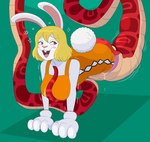 anthro carrot_(one_piece) clothing duo female feral gloves handwear hi_res lagomorph leporid male mammal neck_bulge one_piece plsgts rabbit reptile saalim scalie snake swallowing vore