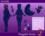 4_toes 5_fingers anthro biped blue_body blue_eyes blue_fur breasts feet female fingers fur hair long_hair markings nude slim solo standing tattoo toes huggablehusky lavenda_wuff canid canine canis mammal wolf 5:4 digital_media_(artwork) hi_res model_sheet shaded