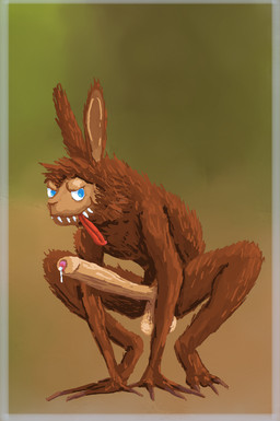 3_toes 4_fingers anthro balls blue_eyes bodily_fluids brown_body brown_fur claws crouching cum cum_drip dripping erection feet fingers foreskin fur genital_fluids genitals glans humanoid_genitalia humanoid_penis long_penis male nude nude_anthro nude_male penis pink_glans rabbit_ears slim slim_anthro slim_male solo tan_balls tan_penis teeth toe_claws toes tongue tongue_out moonringred labubu_(toy) labubu hi_res