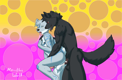 anal anal_penetration animal_genitalia animal_penis anthro balls blue_eyes blue_markings bodily_fluids canine_genitalia canine_penis cum cum_in_ass cum_inside duo fur genital_fluids genitals green_eyes grey_body grey_fur holding_another knot male male/male markings multicolored_body multicolored_fur nipples open_mouth orgasm_face pattern_background penetration penis pink_penis raised_leg raised_tail red_eyes sheath simple_background smile tail teeth tongue tongue_out two_tone_body two_tone_fur white_body white_fur howlfeiwolf howlfei canid canine canis mammal wolf absurd_res cel_shading hi_res shaded