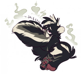 anthro curling_toes feet male musk musk_cloud pheromones skunk_tail smelly sniffing solo stink_fumes tail tail_hug idefix kaden_(luniethewolf66) mammal mephitid skunk hi_res