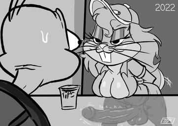 anthro balls barista big_penis bodily_fluids bottomwear breasts buckteeth bulging_eyes cleavage clothed clothing container cup disguise duo erection eyeshadow furniture genitals grin gynomorph hair hat headgear headwear intersex long_hair makeup male open_bottomwear open_clothing open_pants pants penis shell shirt smile sweat table tail tail_motion tailwag teeth topwear whiskers kojoarts looney_tunes warner_brothers bugs_bunny cecil_turtle lagomorph leporid mammal rabbit reptile scalie turtle hi_res monochrome busty_boy_(lore)