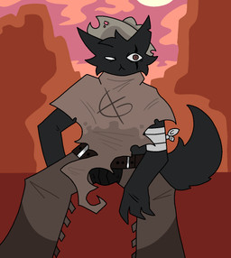 :< anthro arm_wraps bangs belt_buckle black_body black_clothing black_ears black_fur black_tail black_underwear brown_cloak brown_clothing brown_legwear buckle bulge chaps clipped_ear cloak clothing cloud cowboy cowboy_hat facial_scar fluffy fluffy_tail fur grey_cowboy_hat hat headgear headwear legwear looking_at_viewer male mountain no_pupils pose pupils red_eyes scar sitting slit_pupils solo sunset tail tired_eyes torn_clothing underwear wraps zodiac_sign zodiac_symbol iluhuy2015 mewgenics zodiac_(mewgenics) domestic_cat felid feline felis mammal 2026 colored digital_drawing_(artwork) digital_media_(artwork) hi_res portrait shaded three-quarter_portrait