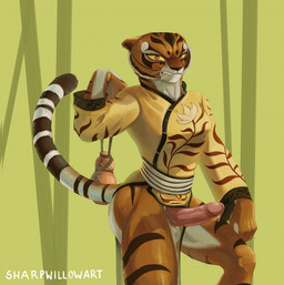 annoyed anthro assisted_exposure balls blush bodily_fluids clenched_teeth clothed clothing clothing_aside embarrased_horny embarrassed erection genital_fluids genitals gynomorph intersex leaking_precum looking_at_viewer muscular muscular_gynomorph muscular_intersex no_underwear outside penis precum solo teeth training sharpwillowart dreamworks kung_fu_panda master_tigress felid mammal pantherine tiger hi_res