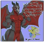 anthro black_body black_scales blue_tongue blush dark_nipples dialogue duo green_body green_scales group horn looking_down looking_up male muscular muscular_male nodding red_body red_scales scales tail text tongue wings darkgem european_mythology mythology dragon kobold mythological_creature mythological_scalie scalie western_dragon absurd_res english_text hi_res