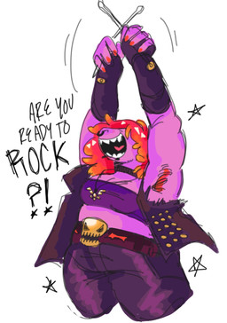 anthro armpit_hair belt black_clothing black_jacket black_topwear body_hair bottomwear breasts cleavage clothed clothing dialogue drumstick_(musical) emanata facial_piercing female fingerless_gloves gloves hair handwear jacket jewelry motion_lines necklace nose_piercing nose_ring open_mouth pants piercing pink_body pink_scales purple_bottomwear purple_clothing purple_pants purple_topwear red_hair ring_piercing scales sharp_teeth solo star teeth text tongue topwear tube_top radioxra deltarune undertale_(series) susie_(deltarune) reptile scalie 2025 english_text hi_res