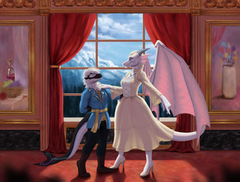 anthro boots breasts clothing dancing dress female footwear high_heels non-mammal_breasts palace shoes suit tail wings thejoyfuldragon mythology selen_(elisonous) aquatic cetacean dolphin dragon mammal mythological_creature mythological_scalie oceanic_dolphin orca scalie toothed_whale