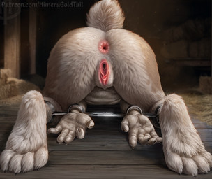 anthro anus ass_up brown_body brown_fur claws faceless_character faceless_female feet female female_anthro finger_claws foot_focus fur gaping gaping_anus gaping_vagina genitals humanoid_genitalia humanoid_vulva inside lying nude on_front pink_anus rear_view restraints scut_tail short_tail soles solo spreader_bar tail toe_claws toes vulva white_body white_fur himeragoldtail lagomorph leporid mammal rabbit