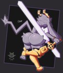 anthro antlers big_butt big_ears black_background black_clothing black_legwear black_thigh_highs bottomless bracelet butt clothed clothing female floppy_ears fur grey_background grey_body grey_fur grey_hair hair holding_object holding_weapon horn huge_butt jewelry leg_armor legwear long_ears lop_ears on_one_leg rear_view simple_background solo standing thick_thighs thigh_highs weapon wide_hips yellow_antlers yellow_horn chuyy pseudoregalia sybil_(pseudoregalia) bovid caprine goat hybrid jackalope lagomorph leporid mammal rabbit hi_res