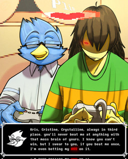anthro beak blue_body blue_feathers brown_hair clothing controller dialogue duo eyewear feathers gaming glasses green_clothing green_shirt green_topwear hair male male/male pattern_clothing pattern_shirt pattern_topwear playing_video_game shirt striped_clothing striped_shirt striped_topwear stripes text topwear white_clothing white_shirt white_topwear yellow_body sujeito4 deltarune undertale_(series) berdly kris_dreemurr avian human mammal english_text hi_res