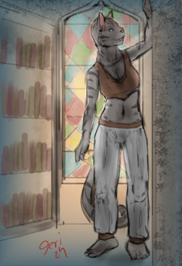 anthro blue_eyes book bookshelf bottomwear clothing detailed_background female fur furniture inside library long_tail pants red_text smile solo stained_glass standing striped_body stripes tail text white_body white_fur window jeri_kleinlowe felid mammal pantherine tiger 2024 colored hi_res signature