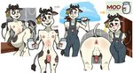 anthro anus balls blush bulge butt clothing ear_piercing ear_tag genitals humanoid_genitalia humanoid_penis male nipples overalls penis piercing scar solo teeth tooth_gap shirt_(artist) bovid bovine cattle mammal hi_res multiple_images