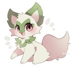 :3 ambiguous_gender blush commentary english_commentary fangs feral fluffy fur green_body green_fur happy light_blush looking_at_viewer open_mouth pink_eyes red_eyes simple_background sitting smile snaggle_tooth solo teeth text white_background sundaero nintendo pokemon domestic_cat felid feline felis generation_9_pokemon mammal pokemon_(species) sprigatito artist_name full-length_portrait portrait signature sketch