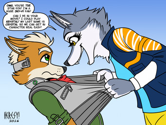 anthro black_nose blue_body blue_fur breasts clothing clothing_grab dialogue duo excited female fur green_eyes grey_body grey_fur jacket larger_female male multicolored_body multicolored_fur nervous open_mouth open_smile orange_body orange_fur size_difference smile speech_bubble text topwear two_tone_body two_tone_fur vest white_body white_fur yellow_eyes heresy_(artist) illumination_entertainment nintendo sing_(movie) star_fox the_super_mario_galaxy_movie fox_mccloud porsha_crystal arctic_wolf canid canine canis fox mammal wolf 2026 english_text hi_res
