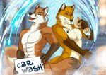 abs absurd_res anthro arm_tuft biggoodwolf blue_eyes blurred_background canid canine car_wash chest_tuft claws covering covering_crotch dipstick_arms dipstick_ears dipstick_tail doppelfoxx duo facial_markings finger_claws fingers fox head_markings head_tuft hi_res hose jakkals_van_der_bergh_(doppelfoxx) jewelry littlebadwolf male mammal markings multicolored_ears muscular muscular_male muzzle_(marking) necklace nude orange_eyes scott_(scottthefox94) shoulder_tuft snout snout_markings spraying_water tail tail_covering_crotch tail_markings tasteful tasteful_nudity tuft washcloth water