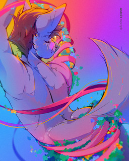 abstract_art anthro biped cheek_tuft eyewear facial_tuft flower fur glasses glowing glowing_body glowing_fur hair hollow_body male nude_anthro nude_male petals plant purple_body purple_fur rear_view red_hair ribbons round_glasses simple_background slim_anthro slim_male solo text tuft unusual_anatomy wearing_glasses andre_moraph andre_moraph_(character) canid canine canis mammal wolf 2026 4:5 absurd_res colorful_theme digital_drawing_(artwork) digital_media_(artwork) english_text half-length_portrait hi_res portrait shaded signature