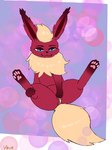 bedroom_eyes female feral narrowed_eyes pawpads paws seductive simple_background solo spread_legs spreading vovo_fwaweon fakemon nintendo pokemon pinsel_rhead eeveelution flareon generation_1_pokemon pokemon_(species) flat_colors hi_res