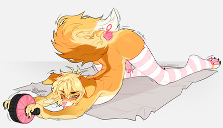 anal anal_beads anal_beads_in_ass anal_penetration anthro anus arched_back blush bodily_fluids bottomwear brown_body brown_eyes brown_fur butt clothing dipstick_tail exercise eye_through_hair femboy floppy_ears foreskin fur genital_fluids genitals hair humanoid_genitalia humanoid_penis leaking_precum legwear legwear_only looking_at_viewer looking_pleasured lube_on_sex_toy male markings mostly_nude object_in_ass on_ground pattern_clothing pattern_legwear pattern_thigh_highs pawpads penetration penis pink_anus pink_inner_ear pink_nose pink_pawpads precum sex_toy sex_toy_in_ass sex_toy_insertion shaking_butt shirt shorts solo stretched_anus striped_clothing striped_legwear striped_thigh_highs stripes tail tail_markings text thigh_highs thigh_highs_only topwear translucent translucent_hair white_tail_tip workout yellow_body yellow_fur lgag006k043_(artist) oscar_(lgag006k043) bird_dog canid canine canis domestic_dog golden_retriever hunting_dog mammal retriever 2026 digital_drawing_(artwork) digital_media_(artwork) english_description hi_res