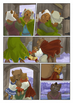 ambiguous_gender anthro biped brown_body brown_fur building clothed clothing day door female fur group holding_object house hug outside plant sky smile snow tree young young_anthro young_female bjekkergauken herja_(bjekkergauken) hillevi nanna_(bjekkergauken) bear brown_bear mammal suid suine sus_(pig) ursine wild_boar 2025 colored comic hi_res