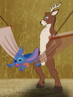 balls black_eyes blue_body blue_claws blue_fur blue_nose claws duo fur genitals hammock inflatable inflatable_armbands male male/male notched_ear open_mouth penis pool_float questionable_consent sex sharp_teeth standing standing_sex teeth text zandertheraccoon disney lilo_and_stitch feryl_(character) stitch_(lilo_and_stitch) alien deer experiment_(lilo_and_stitch) mammal 2025 3:4 absurd_res english_text hi_res